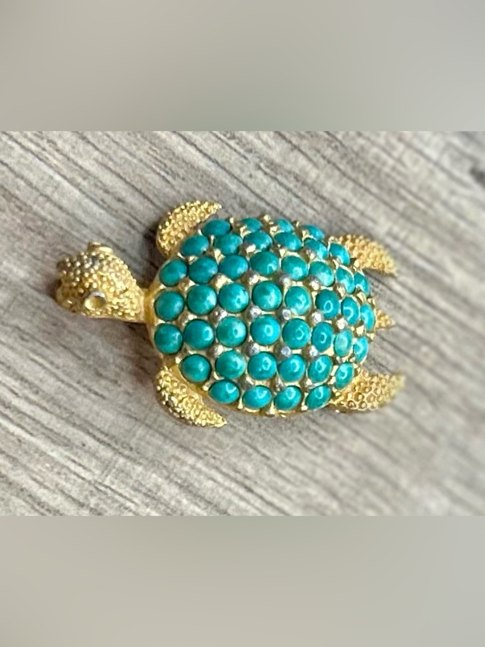 Hattie Carnegie Vintage Gold Turtle Brooch with Turquoise Stones - Women Jewelry